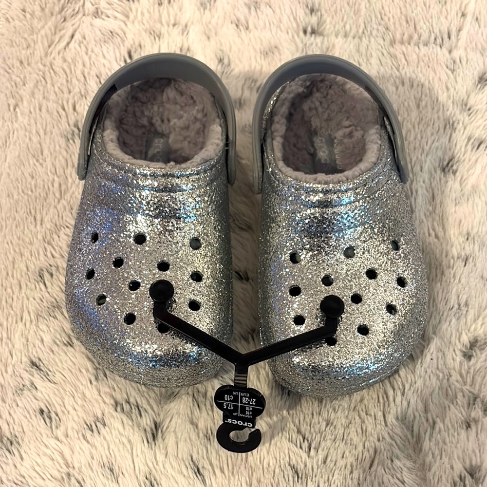 CROCS Sparkling Silver Clogs with Plush Lining
